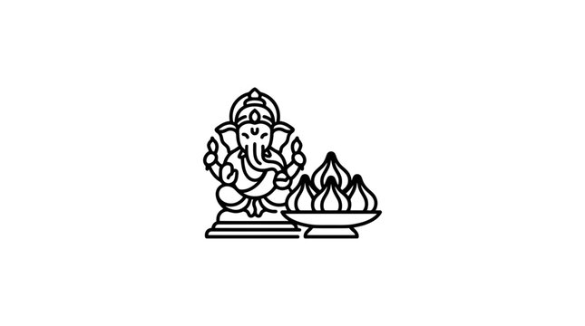 Minimalist line art illustration of Lord Ganesha with a plate of modak sweets.