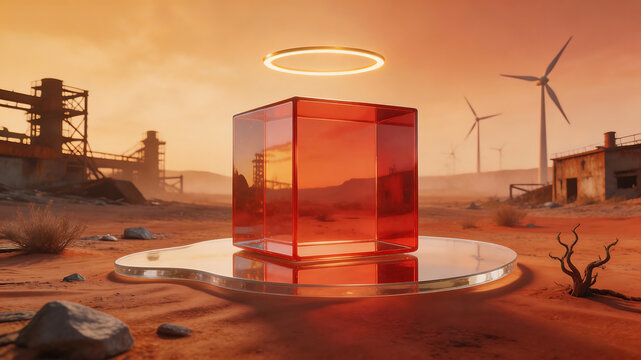 Red cube in desert with wind turbines symbolizing exploration and the great outdoors