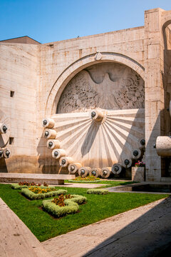 Architectural details of ornate facade of Cascade Complex in Yerevan, Armenia