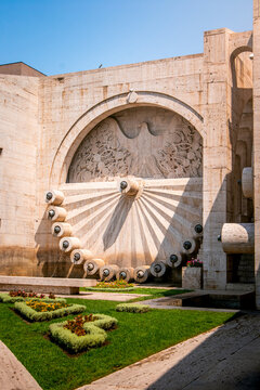 Architectural details of ornate facade of Cascade Complex in Yerevan, Armenia