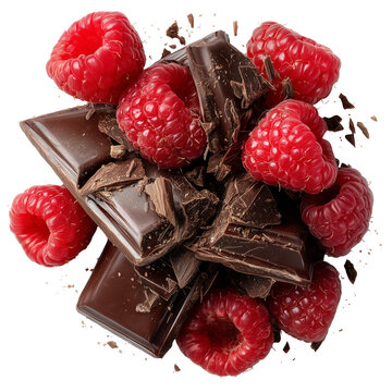 Fresh raspberries and dark chocolate pieces isolated on transparent background