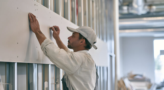 Drywall installer is hanging gypsum board on metal stud wall, representing drywall installation, interior finish, and commercial construction