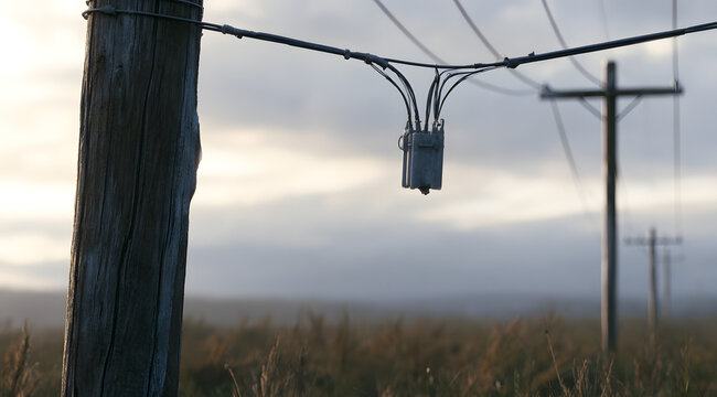 Aerial fiber splice closure hanging on a messenger strand between weathered utility poles along an outside-plant broadband route under an overcast sky