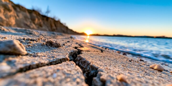 Climate change impact drought and desertification cracked earth shoreline at sunset environmental crisis and global warming