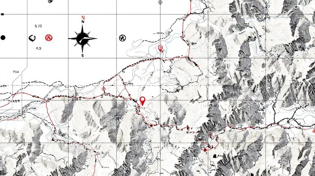 Topographical map with a compass rose and route markers, depicting a mountainous region