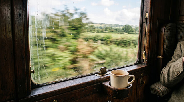 Vintage train window view of moving green countryside with a cup of coffee