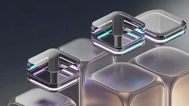 Modern glass cubes and rounded tiles with chrome edges violet cyan lighting minimal luxury technology background for branding app interface banners social media 