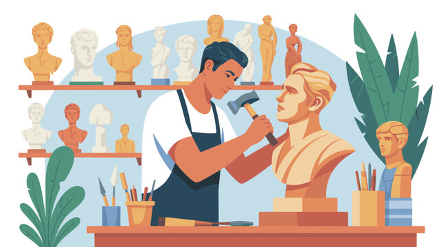 Artist sculptor carving a classical bust in a workshop filled with various statues and artistic tools for gallery exhibition.