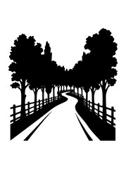 Obraz premium Winding path through tree lined avenue silhouette illustration