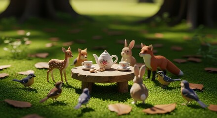 Fototapeta premium A tiny ceramic tea set sits on a rustic wooden table in a sunlit forest clearing, surrounded by friendly wild animals and lush green moss, forest, party, treats