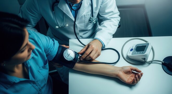 Doctor Measuring Patient Blood Pressure Using Sphygmomanometer