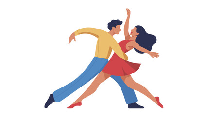 Fototapeta premium Elegant couple in a dynamic dance pose with a woman in a red dress and a man in a yellow shirt against white background.