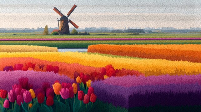 A vibrant field of colorful tulips in bloom, with a traditional Dutch windmill in the background under a soft sky. The rows of flowers display a spectrum of red, purple, orange, and yellow hues.