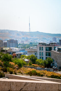 Panoramic city view featuring residential buildings and television tower in Yerevan, Armenia