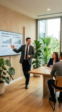 Dynamic Business Presentation Showing Growth Strategies In A Modern Office