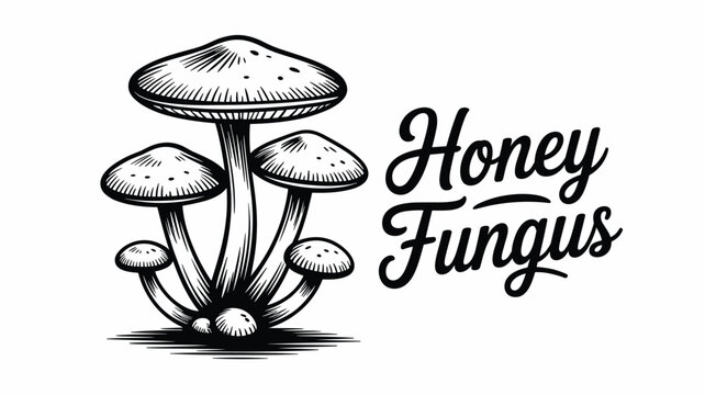 Hand drawn honey fungus mushroom illustration in vintage engraving style with text for botanical or culinary design.