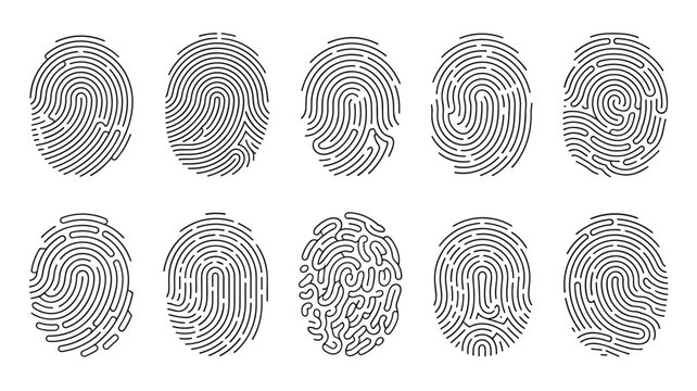 Collection of ten unique black fingerprint patterns on a white background for identification and forensic science.