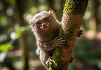 Naklejka premium Adorable Pygmy Marmoset Monkey Gripping Mossy Tree Branch in Lush Forest Habitat