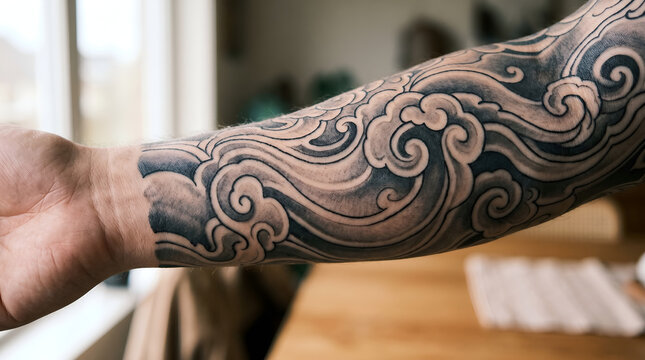 Japanese clouds tattoo design on a male forearm sleeve