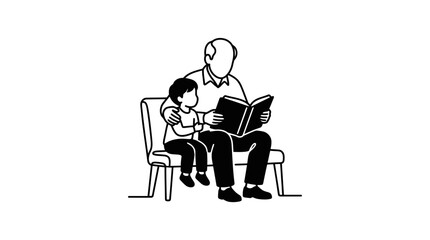 Fototapeta premium An elderly man reading a book to a young child while sitting together on a bench.