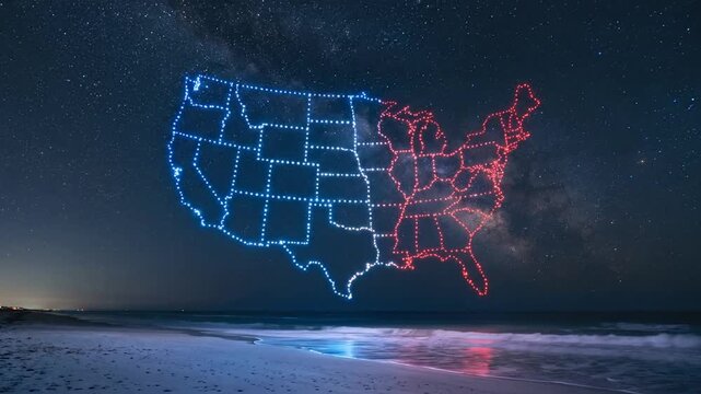 Glowing USA map over starry night beach with red and blue lights.