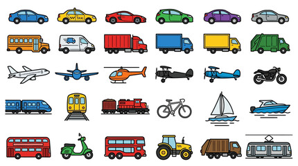 various colorful vehicles icons on white background © ranjeewastock