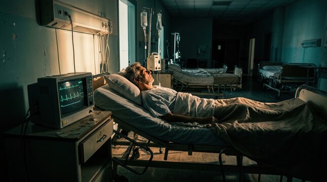 Elderly Patient In Dark Hospital Room Receiving Medical Care