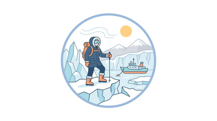An explorer standing on an icy cliff wearing a parka and carrying a backpack. © Niswatul Kharimah