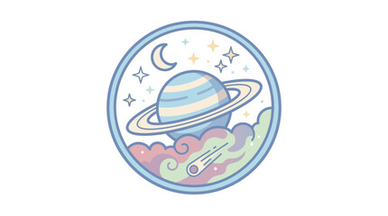 Pastel colored planet with rings and a shooting star inside a circular frame. © Niswatul Kharimah