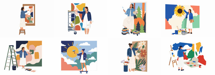 Fototapeta premium Set of Flat Vector Illustrations Featuring a Female Artist Painting Murals and Canvases with Various Tools in a Creative Studio Environment.