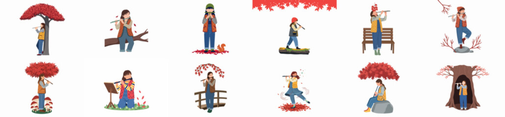 Set of vector illustrations featuring a young girl playing the flute in various autumn landscape scenes with red maple leaves and trees. © Elena