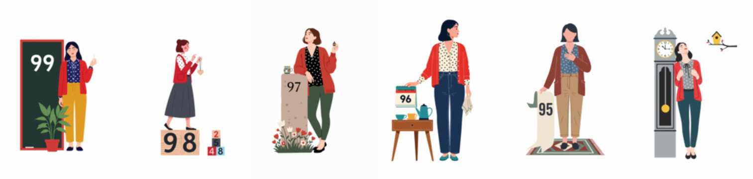Flat vector illustration set of a stylish woman in various poses next to objects numbered from ninety-nine down to ninety-five.