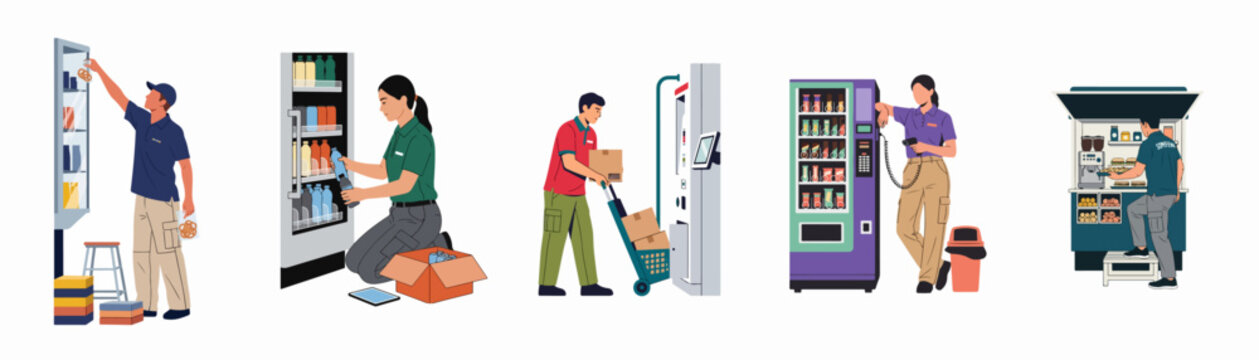 Set of workers refilling and maintaining various vending machines and food kiosks, flat vector illustration on white background.