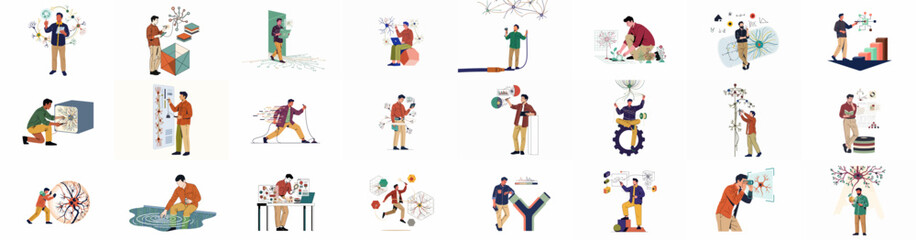Fototapeta premium Collection of illustrations featuring male professionals exploring and working with advanced technology, science, data, and complex neural networks for innovation and research.