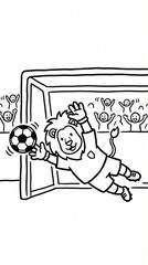 Fototapeta premium Lion Goalkeeper Diving to Save a Penalty Kick Coloring Book for Kids