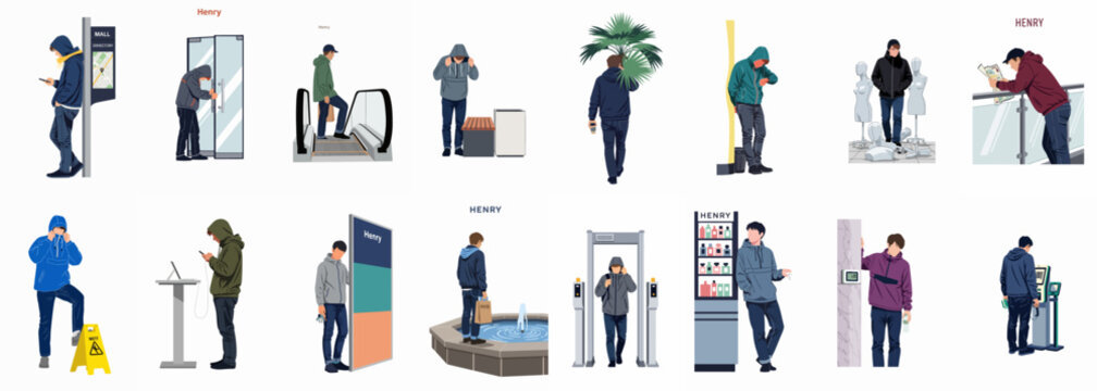 Illustrations of a young man in casual streetwear navigating a shopping mall, including scenes of loitering, waiting, and observing surroundings.