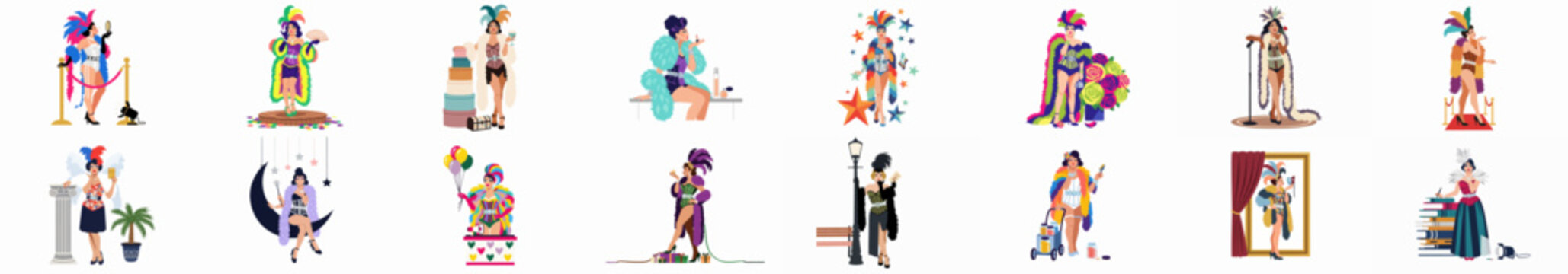 Collection of vector illustrations featuring a glamorous drag queen performer in various outfits and settings, ideal for cabaret and LGBTQ+ themes.