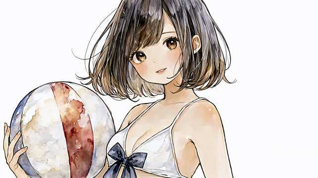 Watercolor anime girl with beach ball on white background, summer lifestyle concept with copy space