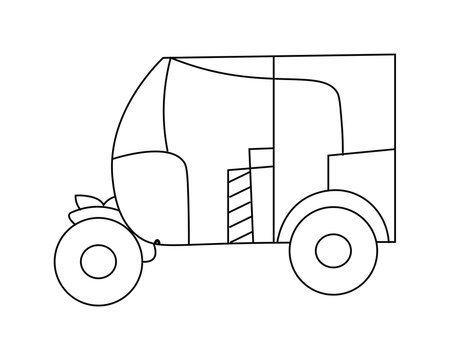 Traditional electric three wheeler toto vector illustration, Hand drawn Asian auto rickshaw line art sketch