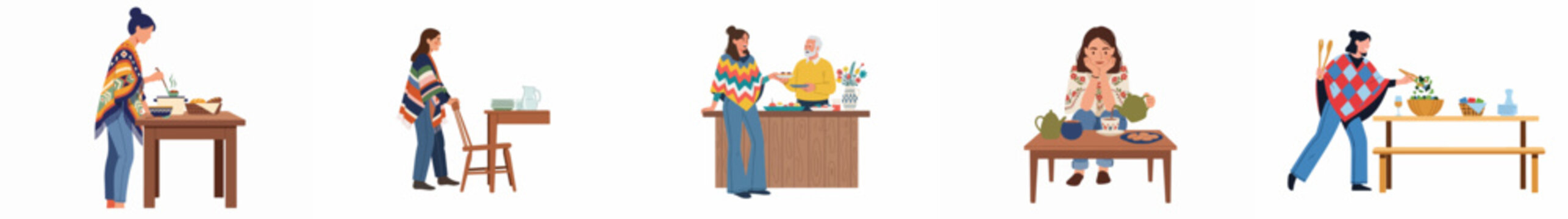Diverse collection of flat characters cooking, serving soup, tossing salad, and enjoying tea time, wearing cozy ethnic-style ponchos and sweaters.