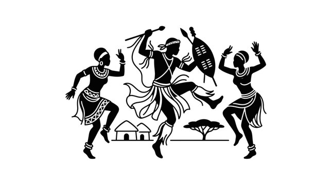 Silhouette illustration of traditional African tribal dancers performing a celebratory cultural dance.