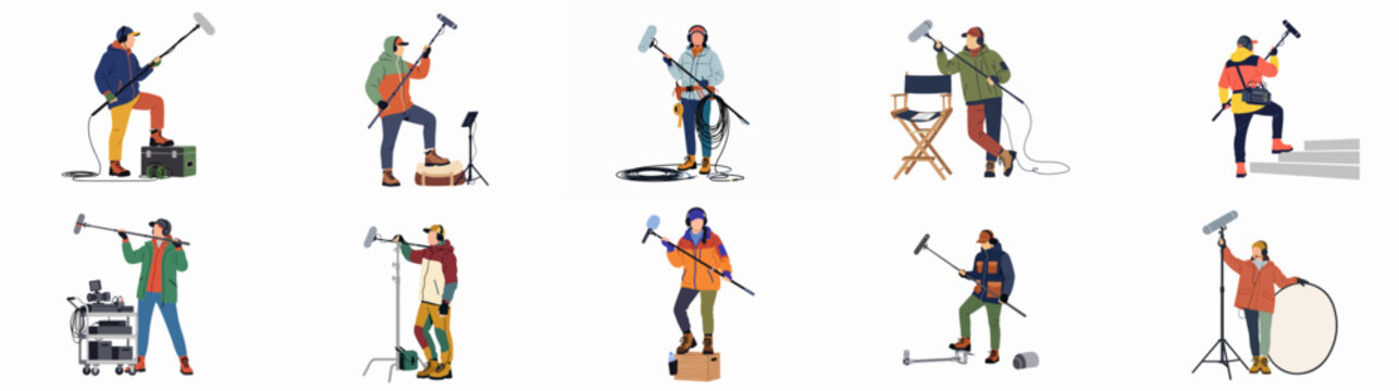 Collection of professional sound recordists and boom operators holding microphones in flat vector illustration style for film and television production.