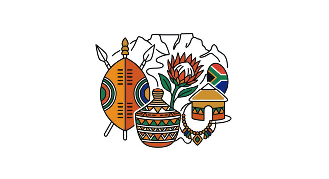 South African cultural icons and heritage symbols illustration.