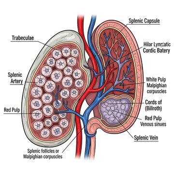 Detailed anatomical diagram of the human spleen structure.