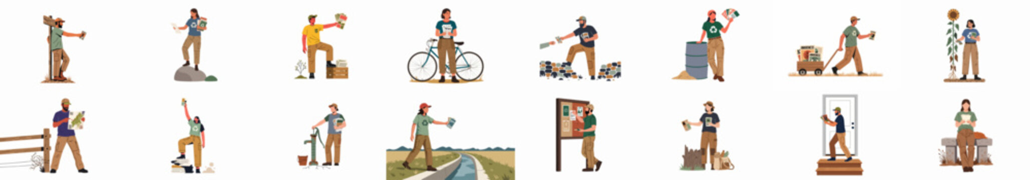 Vector illustrations set of environmental activists distributing flyers, posters, and newspapers to promote sustainability, recycling, and ecological awareness in various outdoor settings.