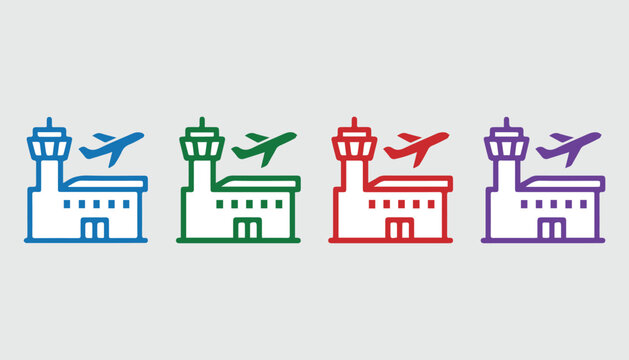 4-Pack Colour Airport Terminal Icon Set &ndash; Aviation Travel Symbol Variations Blue Red Green