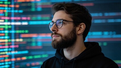 Fototapeta premium Man in hoodie with code background