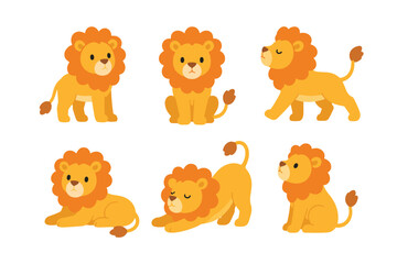 Fototapeta premium Cute Scandinavian Lion Character Vector Set, Cartoon Jungle King Animal Clipart Collection, Flat Safari Lion Cub Sticker Elements for Kids