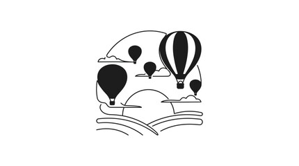 A minimalist black and white line art illustration featuring multiple hot air balloons floating over a landscape. © Kamsiyah_Bintimawadi