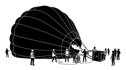 A team of ground crew members preparing a large hot air balloon for flight. © Kamsiyah_Bintimawadi